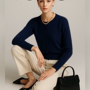 Navy Blue Wool Blend Button Front Cardigan Sweater